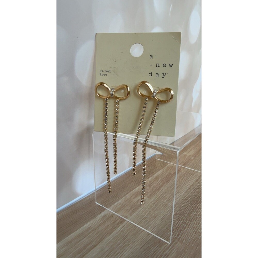 A New Day Gold Bow Drop Earrings | Chain Tassel | Nickel Free